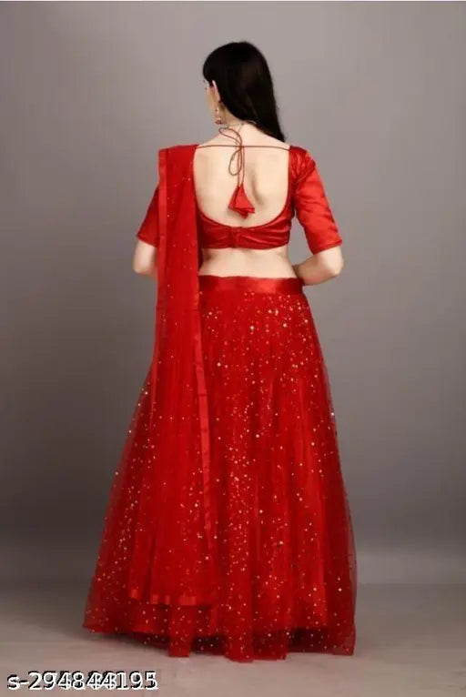 Golden Tikali red lehenga choli set, free size, semi-stitch net lehenga with unstitched blouse and 1-piece dupatta, satin topwear, net bottomwear and dupatta, Indian bridal wear