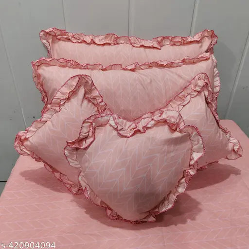 Trendy cotton designer bedsheet set, frill design complete with double bedsheet, 2 pillow covers, 2 filled cushions, & 1 heart-shaped cushion pillow - ideal for adults in AC rooms