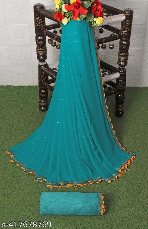 Striped Georgette saree with solid art silk blouse, free size, India origin