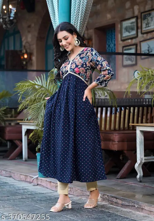 Blue printed rayon A line Alia kurti with pocket, three-quarter sleeves, Indian traditional fashion