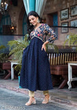 Blue printed rayon A line Alia kurti with pocket, three-quarter sleeves, Indian traditional fashion