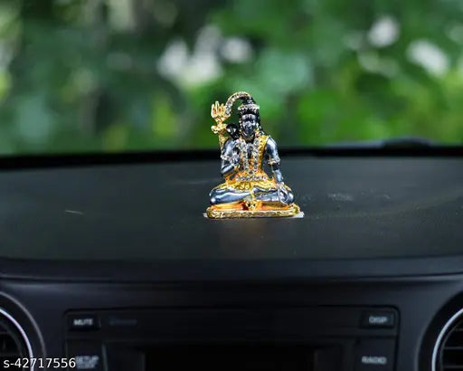 Gold-plated Mahakal Lord Shiva with Om Symbol, decorative showpiece for car or home decor. 7cm glittery figurine with stone detailing