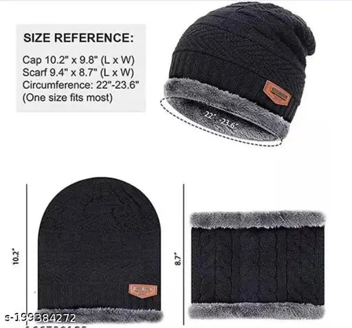 Woolen winter beanie cap & scarf set (navy blue & black), unisex fur-lined garam topi & muffler - India