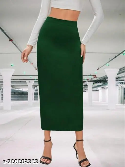 Dark green polyester bodycon midi pencil skirt with elastic waist, women's shapewear/petticoat, casual style, 32.5 inches (size 32)