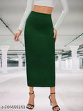 Dark green polyester bodycon midi pencil skirt with elastic waist, women's shapewear/petticoat, casual style, 32.5 inches (size 32)