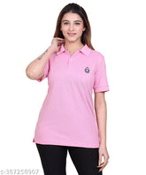 Pink polycotton women's polo neck workout T-shirt for fitness lovers, short sleeves, printed design