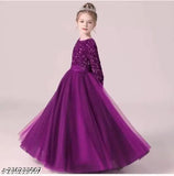 Pink net and sequin full-length gown dress for kids (5-16 years), beautifully embroidered and perfect for parties or special occasions. Made in India