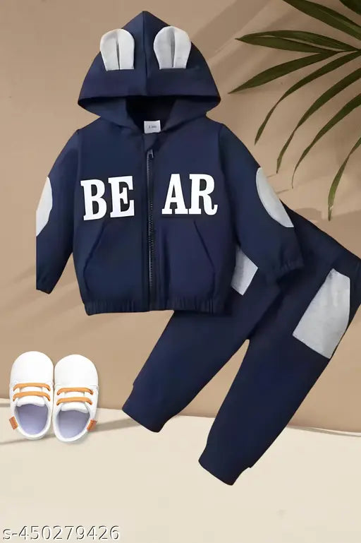 Dark blue wool bear hoodie set for kids with open chain design, durable and comfortable