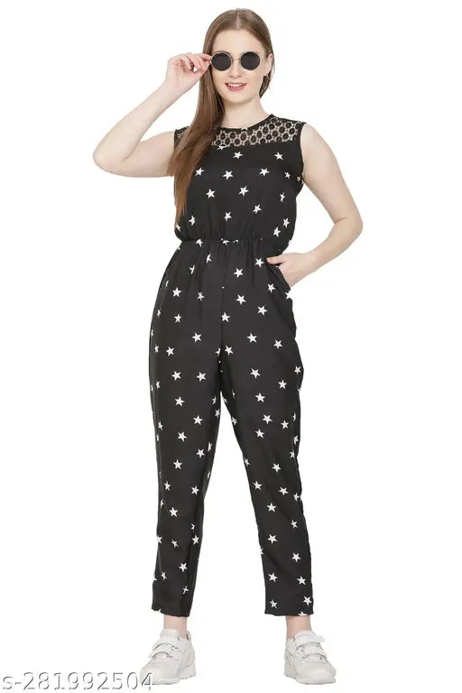 Stylish printed net poly crepe jumpsuit, sleeveless and available in sizes S-XL