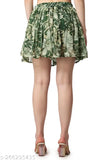 Green chiffon floral mini skirt, soft and comfortable flared design with printed floral pattern, new fashion for women's and teens, available in sizes 26, 28, 30, 32, 34 (Waist: 26in, Length: 17in, Hip: 36in; 28in, 38in, 40in, 42in, 44in respectively). Made in India