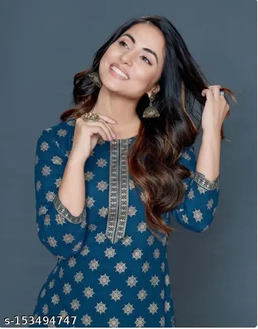 Rayon Heena Khan Kurta set with Palazzo bottoms, three-quarter sleeves, printed net design for women in sizes M, L, XL, XXL. Made in India