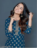 Rayon Heena Khan Kurta set with Palazzo bottoms, three-quarter sleeves, printed net design for women in sizes M, L, XL, XXL. Made in India