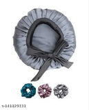 Grey synthetic satin shower cap with adjustable bands and three free soft scrunches, ideal for natural hair protection during sleep or styling