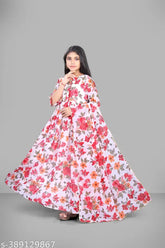 Premium cotton blend girls' gown with printed net, perfect for parties at ages 12 years. Indian-made, elegant attire for special occasions