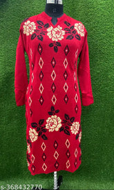 Woolen women's straight kurti, full sleeves, mandrain print, side pocket, three-quarter sleeves - winter party wear, India