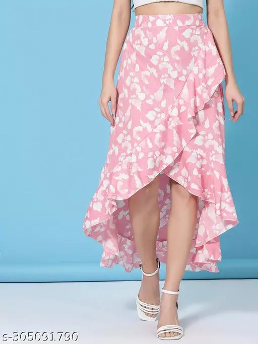 Pink crepe floral asymmetric skirt by OOMPH, A-line, knee length, printed net pattern, size M