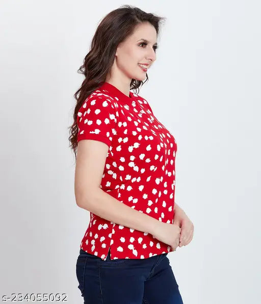 Stylish viscose polo T-shirt for women, printed pattern, short sleeves, regular fitted, made in India