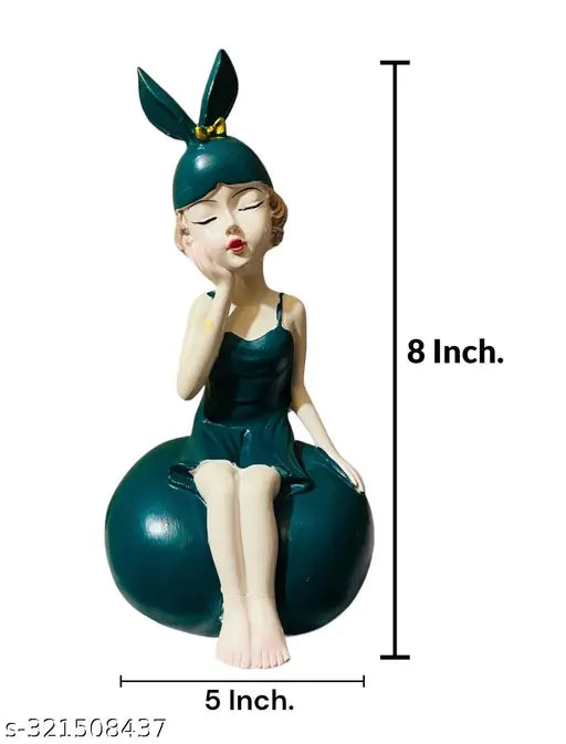 Poly resin Feng Shui figurine: Modern green girl sitting on stone statue, 8 inches height for outdoor home decor
