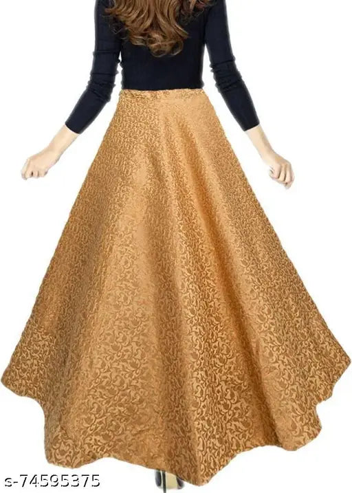 Gold jacquard Zari woven net skirt, flared design with full inner, semi-stitched style, free size (waist: 40in, length: 40in, hip: 40in), made in India