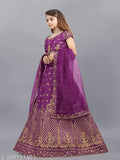 Baby Girls Banglory Semi-Stitched Lehenga Choli - Purple silk blend, embroidered with net dupatta, suitable for casual, party, festivals, and weddings