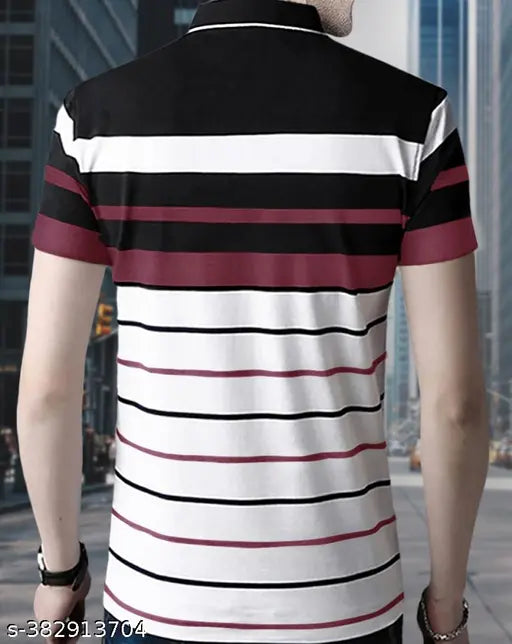 Men's striped short-sleeve cotton polo t-shirt in yellow and orange, perfect for a breezy summer look. Made in India