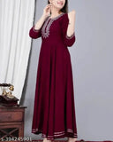 Maroon embroidered rayon Anarkali kurti, traditional Indian solid combo, three-quarter sleeves on model