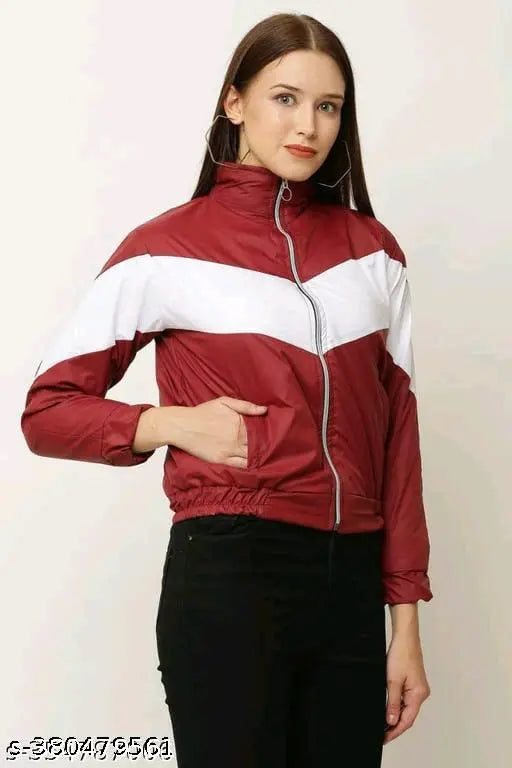Maroon polyester women's jacket with long sleeves, solid design, XS-M sizes available on a hanger from India