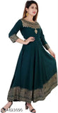Gold cotton anarkali kurti with dupatta, three-quarter sleeves, solid print, Indian women's fashion accessory on hanger