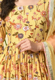 Mustard floral printed rayon kurti and sharara set with dupatta, rayon fabric, three-quarter sleeves, intricate design, perfect for festive or casual wear