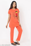 Stylish orange cotton pyjamas with beautiful print for women, premium quality Indian-made night suit