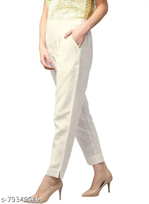 Stylish cotton-blend trousers for women, solid, easy wash, slim fit with side pockets and half elastic back. Indian origin