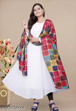White Georgette three-quarter sleeve dupatta set, solid pattern on Indian fashion attire for women