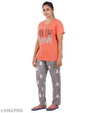 Cotton printed top and pyjama set for women, short-sleeved, vibrant design, size S (17in bust, 25in length)