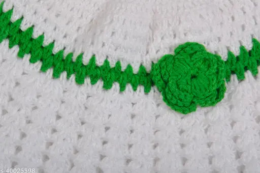 Hand knitted crochet frock for baby girl (green & white), wool colorblocked sleeveless dress for tiny tots (0-6 months), Indian craftsmanship