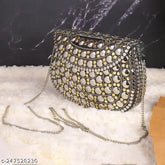 Silver and gold metal clutch, vintage hand-carved sling bag with soft velvet lining, ideal for parties