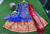 Unstitched satin-art silk lehenga with ethnic motif, lichi silk choli, and banarasi dupatta. Indian designer collection, 3m lehenga, 0.8m blouse, embellished, tussled dupatta, belt included