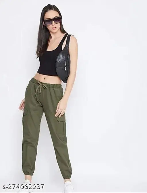 Solid cotton-lycra cargo joggers, trendy & comfortable women's wear, India