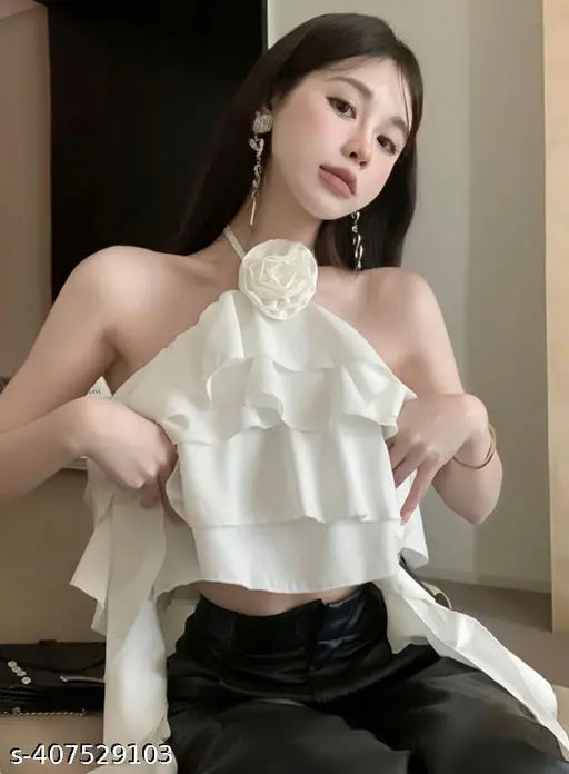 White flared halter top in poly chiffon, sleeveless, solid pattern. XS to XXL sizes available for women's fashion