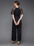 Black viscose rayon flared sleeve floral raglan jumpsuit by Miss Chase, self-design net pattern, XS-XXL sizes available