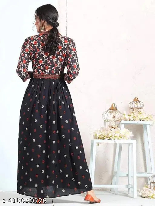 Black Rayon Floral Anarkali Kurti Gown for Women & Girls - V-Neck, A-Line, Three-Quarter Sleeves, Ethnic Print, Bohemian Style