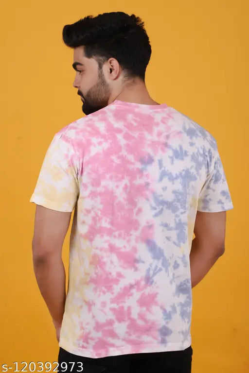 Multi color tie dye cotton t-shirt, 180 GSM biowashed round neck tee in various sizes (S-XL), printed pattern on short sleeves