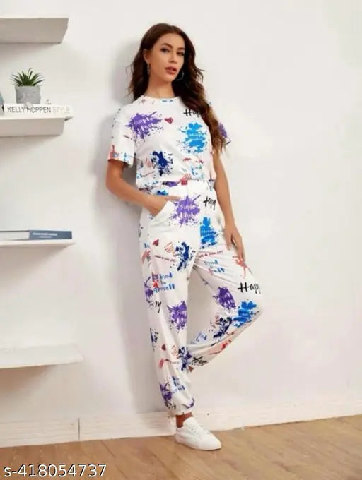Attractive polyester printed net nightsuit set, long sleeves, premium quality Indian-made