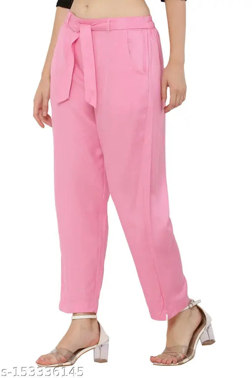 Baby pink rayon trouser by Priya Point, regular fit with elastic waistband and 2 pockets, ankle length for women's style