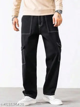 Denim baggy jeans with six pockets, non-stretch material, solid pattern for men's wide leg style, machine washable cargo pants