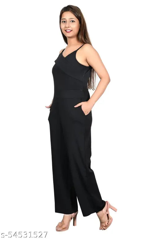 Sleeveless polyester Zenday casual black jumpsuit for ladies, full length, comfort fit, straight hemline