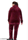 Velvet winter night suit for women - Solid color, long sleeves pyjama set with hoodie and pockets, Indian origin