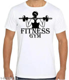 White polyester gym t-shirt with sublimation printing, featuring gym and fitness motifs. Ideal for sports enthusiasts and workouts