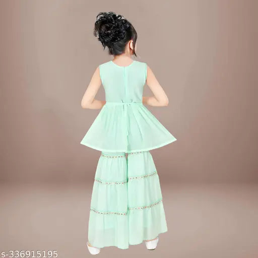 Embroidered Georgette Kurta Garara Set for Kids, Sleeveless & Flared, 4-7 years