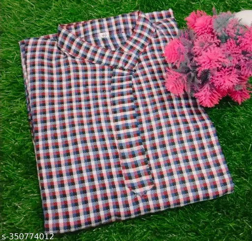 Blue woolen checked straight kurti for winter, full-length with 3/4 sleeves and front slit, available in sizes M, L, XL, XXL, XXXL, 4XL. Wear it casually or formally this season