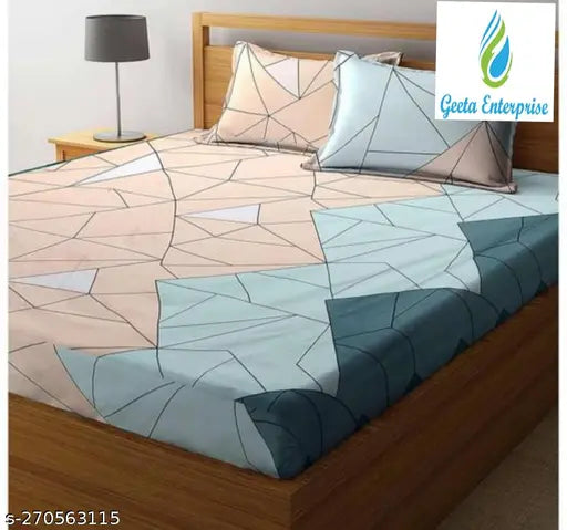 Attractive gold-fitted glace cotton bedsheet & 2 pillow covers, geometric pattern, summer-ready elastic sheets, 180 thread count, fitted queen size (78x72), suitable for 8" mattresses